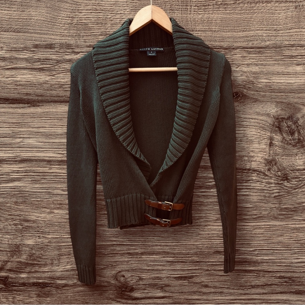 Ralph Lauren ladies Black Label Shawl Collar Belt Wrap Sweater in Green. Size S